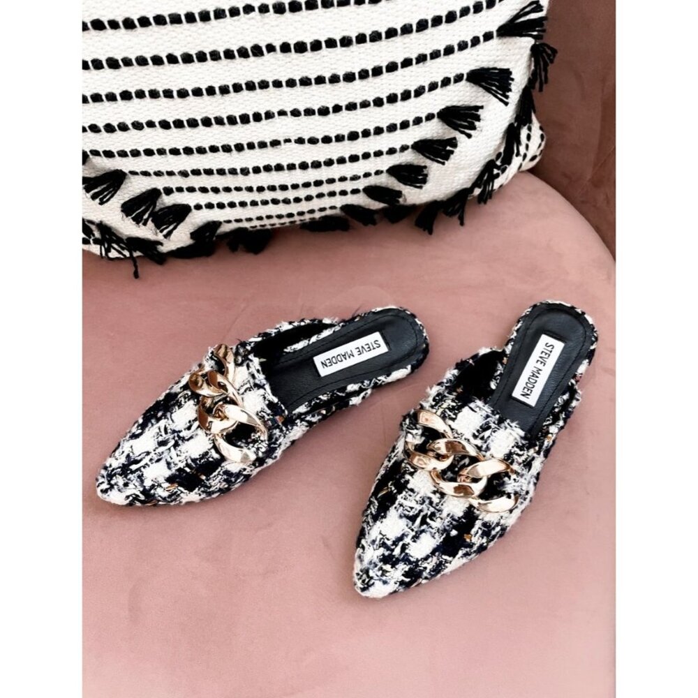 Steve Madden Black and White Tweed Mules
